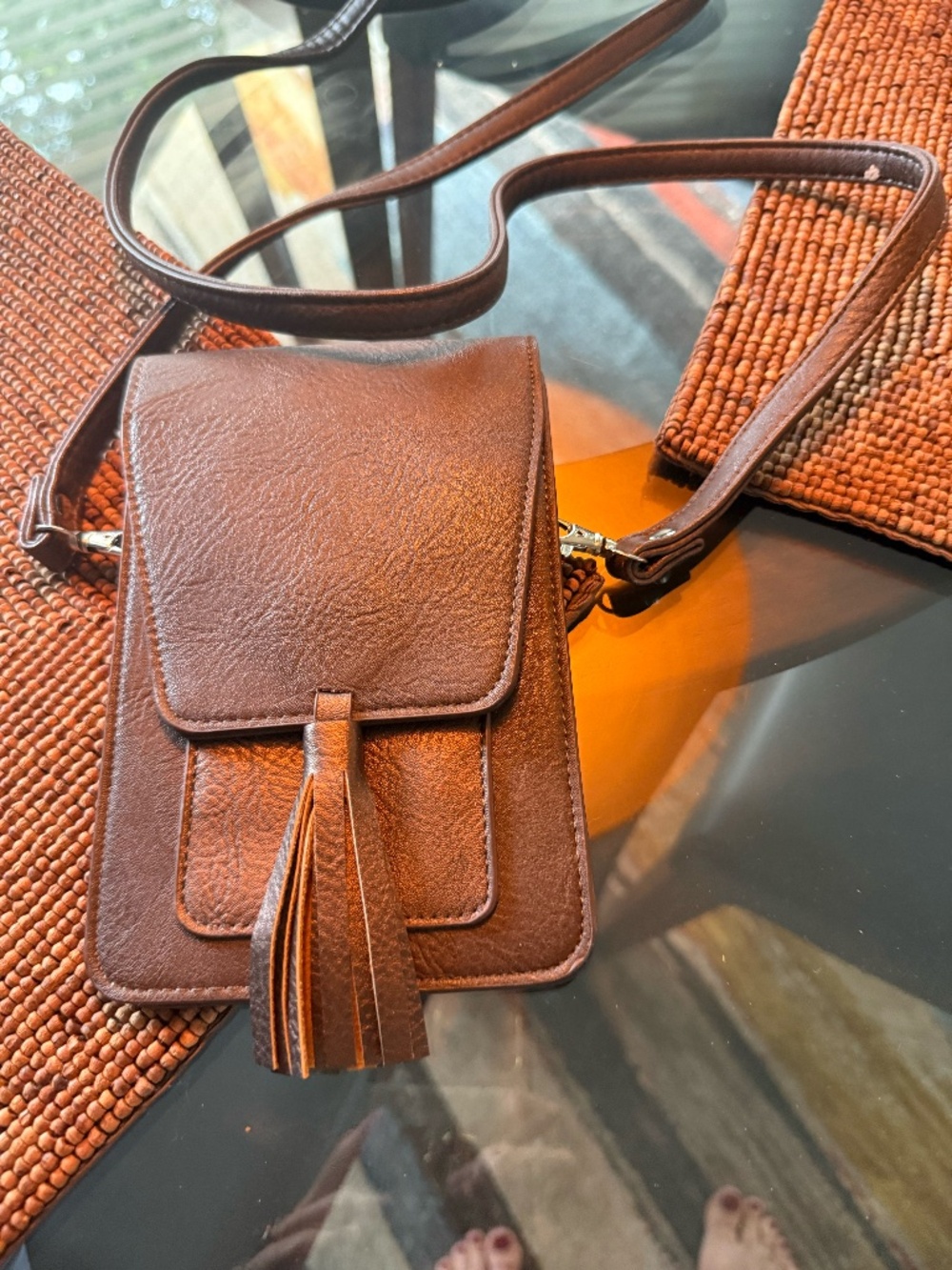 Brown Faux Leather Cell Phone Crossbody Bag / Wallet with Tassel